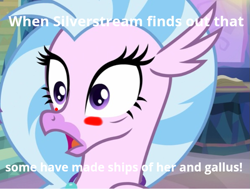 Size: 741x561 | Tagged: safe, artist:gooeybird, derpibooru original, edit, edited screencap, screencap, character:silverstream, species:hippogriff, derpibooru, episode:student counsel, 1000 hours in ms paint, blushing, caption, cropped, female, implied episode rehash, implied gallstream, implied gallus, implied shipping, meme, meta, shocked expression, solo, treehouse of harmony