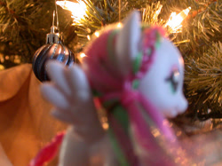 Size: 550x412 | Tagged: safe, artist:phasingirl, character:blossomforth, christmas, christmas lights, christmas ornament, christmas tree, close-up, custom, decoration, holiday, irl, out of focus, photo, solo, toy, tree
