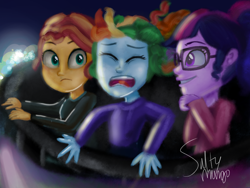 Size: 2000x1500 | Tagged: safe, artist:saltymango, character:rainbow dash, character:sunset shimmer, character:twilight sparkle, character:twilight sparkle (scitwi), species:eqg human, my little pony:equestria girls, roller coaster, scared, scaredy dash