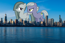 Size: 3840x2585 | Tagged: safe, artist:timelordomega, character:limestone pie, character:marble pie, species:earth pony, species:pony, building, chicago, city, duo, female, giant ponies in real life, giant pony, giantess, highrise ponies, irl, limezilla, macro, photo, ponies in real life, story included