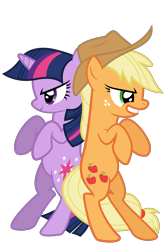 Size: 4500x6750 | Tagged: safe, artist:dharthez, character:applejack, character:twilight sparkle, character:twilight sparkle (unicorn), species:earth pony, species:pony, species:unicorn, action pose, applejack's hat, clothing, cowboy hat, female, freckles, hat, m, mare, simple background, stetson, transparent background, vector