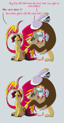 Size: 2077x3950 | Tagged: safe, artist:cihiiro, oc, oc only, oc:chaos sol, oc:maelstrom, parent:discord, parent:sunset shimmer, parents:suncord, species:draconequus, annoyed, crack ship offspring, draconequus hybrid, draconequus oc, duo, eyes closed, female, gray background, hybrid, interdimensional siblings, interspecies offspring, offspring, siblings, simple background, sisters, size difference, snaggletooth, teasing