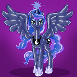 Size: 1045x1035 | Tagged: safe, artist:hornbuckle, character:princess luna, species:alicorn, species:pony, air nozzle, female, glowing horn, horn, imminent transformation, inflatable, inflatable pony, latex, looking at you, rubber, rubber pony, smiling, solo, valve