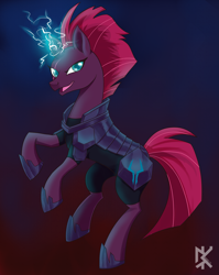Size: 2787x3507 | Tagged: safe, artist:benkomilk, character:tempest shadow, species:pony, species:unicorn, my little pony: the movie (2017), armor, broken horn, eye scar, female, hoof shoes, horn, looking at you, mare, open mouth, scar, solo, sparking horn