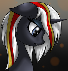 Size: 887x923 | Tagged: safe, artist:vinaramic, oc, oc only, oc:velvet remedy, species:pony, species:unicorn, fallout equestria, bust, fanfic, fanfic art, female, floppy ears, horn, lidded eyes, mare, portrait, profile, solo