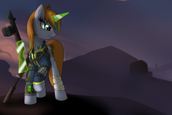 Size: 3000x2000 | Tagged: safe, artist:vinaramic, oc, oc only, oc:littlepip, species:pony, species:unicorn, fallout equestria, bandage, clothing, fanfic, fanfic art, female, glowing horn, gun, hooves, horn, levitation, magic, mare, optical sight, pipbuck, rifle, scope, shotgun, sniper rifle, solo, telekinesis, vault suit, wasteland, weapon