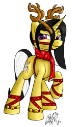 Size: 1141x1890 | Tagged: safe, artist:vinaramic, oc, oc:lily flight, oc:lilyt, species:pony, species:unicorn, antlers, bell, bell collar, bells, bridle, christmas, clothing, collar, female, harness, holiday, mare, new year, raised hoof, scarf, simple background, smiling, solo, tack, transparent background