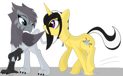Size: 2237x1385 | Tagged: safe, artist:vinaramic, oc, oc:lily flight, oc:lilyt, species:griffon, species:pony, species:unicorn, female, jewelry, lidded eyes, looking at each other, mare, necklace, quadrupedal, raised arm, raised talon, simple background, smiling, transparent background
