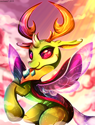 Size: 2512x3307 | Tagged: safe, artist:rocioam7, character:thorax, species:changeling, species:reformed changeling, beautiful, cloud, fabulous, high res, horns, majestic, male, sky, smiling, solo