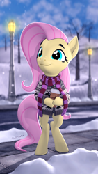 Size: 1080x1920 | Tagged: safe, artist:owlpirate, character:fluttershy, species:pony, 3d, bipedal, bottomless, clothing, cup, cute, eyebrows, female, hoof hold, hot drink, looking away, looking up, mare, partial nudity, scarf, shyabetes, sidewalk, smiling, snow, solo, source filmmaker, street, streetlight, sweater, sweatershy, three quarter view, winter outfit