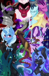 Size: 1200x1855 | Tagged: safe, artist:tomocreations, artist:tomoyuki, character:adagio dazzle, character:aria blaze, character:discord, character:king sombra, character:lord tirek, character:nightmare moon, character:princess luna, character:queen chrysalis, character:sonata dusk, character:starlight glimmer, character:trixie, species:alicorn, species:centaur, species:changeling, species:draconequus, species:pony, species:siren, species:unicorn, alicorn amulet, antagonist, changeling queen, fangs, female, sharp teeth, staff, staff of sameness, teeth, the dazzlings
