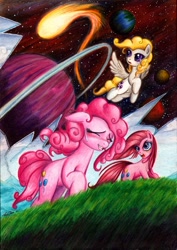 Size: 800x1127 | Tagged: safe, artist:lavosvsbahamut, character:pinkamena diane pie, character:pinkie pie, character:surprise, species:earth pony, species:pegasus, species:pony, g1, g4, blushing, breaking the fourth wall, broken, colored pencil drawing, coloured pencil, comet, complex background, crack, epic, eyes closed, female, flying, fourth wall, fourth wall destruction, frown, g1 to g4, galloping, gel pen, generation leap, grass, mare, open mouth, photoshop elements, planet, planetary ring, ponidox, running, self ponidox, smiling, space, stars, sweat, sweatdrop, traditional art, trinity pie, trio, trio female, watercolor painting, watercolour