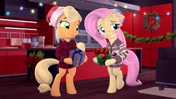 Size: 3840x2160 | Tagged: safe, artist:owlpirate, character:applejack, character:fluttershy, ship:appleshy, 3d, blushing, christmas, clothing, dork, female, gift wrapped, hat, holiday, lesbian, santa hat, semi-anthro, shipping, source filmmaker
