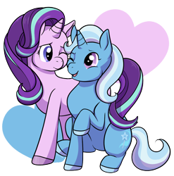 Size: 986x1000 | Tagged: safe, artist:housho, character:starlight glimmer, character:trixie, species:pony, species:unicorn, ship:startrix, cute, diatrixes, female, heart, heart background, lesbian, mare, nuzzling, one eye closed, shipping, simple background, transparent background