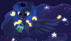 Size: 2429x1410 | Tagged: safe, artist:auroracursed, character:princess luna, species:alicorn, species:bird, species:pony, crown, cute, ethereal mane, female, galaxy mane, jewelry, jug, lunabetes, mare, night, pitcher, pouring, regalia, sketch, smiley face, solo, stars