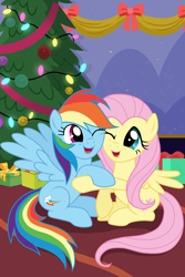 Size: 2000x3000 | Tagged: safe, artist:kabuvee, character:fluttershy, character:rainbow dash, species:pegasus, species:pony, ship:flutterdash, christmas, christmas lights, christmas tree, female, holiday, hug, lesbian, mare, one eye closed, present, shipping, show accurate, tree