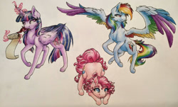 Size: 1439x869 | Tagged: safe, artist:cloud-dash, artist:vera-li, part of a set, character:pinkie pie, character:rainbow dash, character:twilight sparkle, character:twilight sparkle (alicorn), species:alicorn, species:earth pony, species:pegasus, species:pony, alternate cutie mark, colored wings, cute, cutie mark, diapinkes, female, flying, glowing horn, head down, horn, magic, mare, multicolored wings, rainbow wings, raised hoof, scroll, simple background, smiling, spread wings, tail feathers, telekinesis, tongue out, traditional art, trio, white background, wings