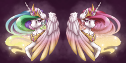 Size: 4000x2000 | Tagged: safe, artist:cloud-dash, artist:vera-li, character:princess celestia, species:alicorn, species:pony, abstract background, beautiful, chest fluff, colored wings, duality, ear fluff, ethereal mane, female, galaxy mane, jewelry, looking at each other, looking sideways, mare, pink-mane celestia, regalia, solo, wings