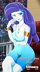 Size: 1080x1920 | Tagged: safe, artist:tittoons, character:rarity, my little pony:equestria girls, 2020, blushing, breasts, busty rarity, champagne, champagne glass, cleavage, fireworks, happy new year, happy new year 2020, holiday, jewelry, necklace, sitting