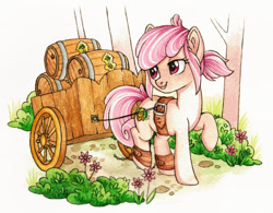 Size: 1419x1108 | Tagged: safe, artist:red-watercolor, oc, oc only, oc:hopple scotch, species:earth pony, species:pony, barrel, cart, female, flower, keg, mare, outdoors, raised hoof, road, simple background, smiling, solo, traditional art, tree, watercolor painting, white background