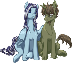 Size: 2087x1829 | Tagged: safe, artist:saby, oc, oc only, oc:splendence, oc:windwatcher, species:classical unicorn, species:pegasus, species:pony, species:unicorn, 2020 community collab, derpibooru community collaboration, - -, :3, cel shading, chest fluff, cloven hooves, colored, colored outlines, duo, facial hair, femboy, fetlock tuft, friends, full color, goatee, graying hair, hoverwing, hug, leonine tail, looking at you, male, shading, side by side, simple background, sitting, smiling, stallion, striped mane, transparent background, unamused, underhoof, winghug