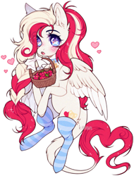 Size: 1003x1320 | Tagged: safe, artist:kitten-in-the-jar, oc, oc:lullaby melody, species:pegasus, species:pony, basket, blushing, choker, clothing, female, food, heart, mare, simple background, socks, solo, strawberry, striped socks, transparent background, wingding eyes