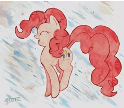 Size: 2592x2265 | Tagged: safe, artist:nedemai, character:pinkie pie, species:earth pony, species:pony, g4, bouncing, female, hopping, mare, profile, pronking, signature, traditional art, watercolor painting