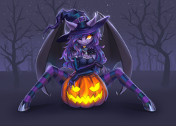 Size: 2800x2000 | Tagged: safe, artist:di-dash, oc, oc only, oc:amelia, species:anthro, species:bat pony, species:pony, species:unguligrade anthro, anthro oc, arm warmers, bat pony oc, clothing, fangs, female, halloween, hat, holiday, hoof shoes, jack-o-lantern, looking at you, mare, one eye closed, pumpkin, sitting, socks, solo, striped socks, thigh highs, wink, witch hat, ych result