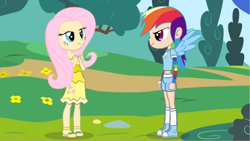 Size: 1921x1081 | Tagged: safe, artist:chanokun, artist:skill:draw, character:fluttershy, character:rainbow dash, episode:sonic rainboom, g4, my little pony: friendship is magic, belly button, clothing, converse, cute, dress, grass field, humanized, midriff, shoes, shorts, winged humanization, yay