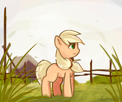 Size: 1200x1000 | Tagged: safe, artist:whiskyice, character:applejack, species:earth pony, species:pony, countryside, female, fence, grass, hatless, mare, missing accessory, missing cutie mark, profile, solo