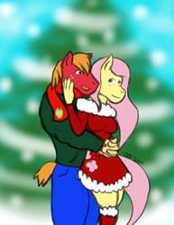 Size: 765x990 | Tagged: safe, artist:caseyljones, character:big mcintosh, character:fluttershy, species:anthro, species:earth pony, species:pegasus, species:pony, ship:fluttermac, blushing, christmas, christmas tree, clothing, cutie mark clothes, dress, female, holiday, hug, hug from behind, male, mare, scarf, shipping, snow, snowfall, stallion, straight, tree, winter
