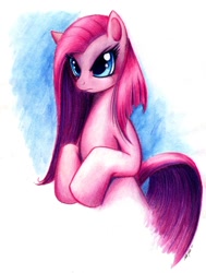 Size: 800x1057 | Tagged: safe, artist:lavosvsbahamut, character:pinkamena diane pie, character:pinkie pie, species:earth pony, species:pony, g4, adoracreepy, bipedal, colored pencil drawing, coloured pencil, creepy, cute, cuteamena, diapinkes, female, frown, mare, pencil, photoshop elements, raised leg, simple background, solo, traditional art, watercolor painting, watercolour, white background