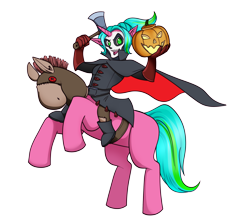 Size: 2700x2400 | Tagged: safe, artist:riddleaellinea, oc, oc only, oc:jello, species:earth pony, species:pony, axe, cape, clothing, costume, duo, earth pony oc, gloves, head swap, horn, imp, pumpkin, rearing, riding, simple background, transparent background, weapon