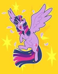 Size: 1500x1900 | Tagged: safe, artist:petalierre, character:twilight sparkle, character:twilight sparkle (alicorn), species:alicorn, species:pony, cute, cutie mark, cutie mark background, feather, female, floating eyebrows, mare, open mouth, simple background, solo, spread wings, twiabetes, wings, yellow background