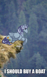 Size: 417x679 | Tagged: safe, artist:saby, derpibooru original, oc, oc:splendence, species:pegasus, species:pony, caption, cliff, contemplating, horse heresy, i should buy a boat, image macro, lying down, male, meme, mixed media, outdoors, ponified meme, prone, real life background, solo, stallion, text
