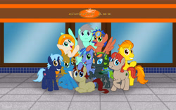 Size: 7680x4800 | Tagged: safe, artist:stewart501st, oc, oc only, oc:cerulean spark, oc:griffin, oc:hurricane, oc:logan berry, oc:nekky, oc:oilyvalves, species:changeling, species:earth pony, species:pegasus, species:pony, cafe, glasses, goggles, group photo, leicester, mane six opening poses, meetup, outdoors, united kingdom