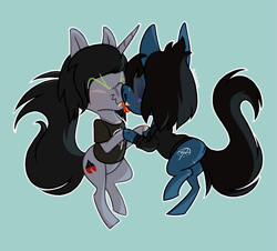Size: 1631x1476 | Tagged: safe, artist:petalierre, species:earth pony, species:pony, species:unicorn, bags under eyes, bipedal, bipedal leaning, blue background, blushing, bone, boop, bring me the horizon, clothing, commission, disguise, disguised siren, eyes closed, fangs, gay, happy, holding hooves, horn, jewelry, kellin quinn, leaning, long sleeves, male, necklace, noseboop, oliver sykes, ponified, scar, shipping, shirt, signature, simple background, sleeping with sirens, stitches, t-shirt, tongue out, undead, ych result, zombie, zombie pony