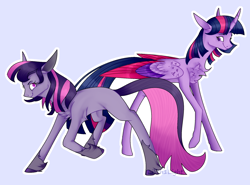 Size: 2036x1504 | Tagged: safe, artist:lilith1light, character:twilight sparkle, character:twilight sparkle (alicorn), species:alicorn, species:earth pony, species:pony, g4, g5 leak, leak, chest fluff, earth pony twilight, female, g4 to g5, juxtaposition, mare, meta, outline, ponidox, self ponidox, simple background, smiling, twilight sparkle (g5), unshorn fetlocks