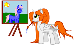 Size: 712x440 | Tagged: safe, artist:agdistis, oc, oc only, oc:ginger peach, species:alicorn, species:earth pony, species:pony, /mlp/, alicorn oc, canvas, drawthread, easel, green eyes, orange hair, paintbrush, painting, simple background, solo, sun, white background, wings