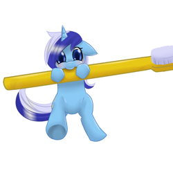 Size: 5000x5000 | Tagged: safe, artist:camellia, character:minuette, brush, cute, female, floppy ears, hanging, minubetes, simple background, solo