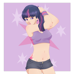 Size: 1000x1000 | Tagged: safe, artist:camellia, character:twilight sparkle, species:human, clothing, cutie mark, cutie mark background, cutie mark on human, denim shorts, female, humanized, shorts, simple background, solo, sweatband, top, transparent background