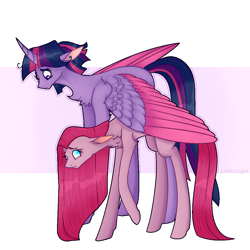 Size: 1000x1000 | Tagged: safe, artist:lilith1light, character:pinkamena diane pie, character:pinkie pie, character:twilight sparkle, character:twilight sparkle (alicorn), species:alicorn, species:earth pony, species:pony, abstract background, chest fluff, colored wings, curved horn, duo, female, floppy ears, frown, height difference, horn, mare, raised hoof, two toned wings, wing umbrella, wings