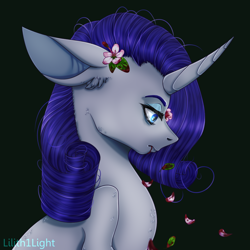 Size: 1000x1000 | Tagged: safe, artist:lilith1light, character:rarity, species:pony, species:unicorn, blood, curved horn, dark, ear fluff, female, floppy ears, flower, flower in hair, frown, green background, horn, lidded eyes, mare, petals, profile, simple background, solo