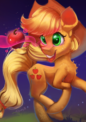 Size: 1240x1754 | Tagged: safe, artist:tony-retro, character:applejack, species:earth pony, species:pony, apple, chest fluff, cute, ear fluff, female, food, jackabetes, leg fluff, mare, obligatory apple, open mouth, solo