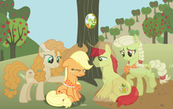 Size: 1140x720 | Tagged: safe, artist:silverbuller, character:applejack, character:bright mac, character:granny smith, character:pear butter, species:earth pony, species:pony, episode:the last problem, g4, my little pony: friendship is magic, apple, apple tree, crying, eyes closed, feels, female, ghost, granny smith's scarf, male, mare, picture, rest in peace, sitting, spirit, stallion, tree, undead, young granny smith, younger