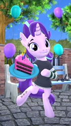 Size: 1080x1920 | Tagged: safe, artist:owlpirate, character:starlight glimmer, species:pony, species:unicorn, 3d, balloon, bipedal, cake, clothing, ear piercing, earring, female, food, jewelry, piercing, shirt, solo, striped shirt, tattoo