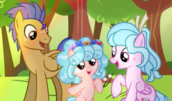 Size: 1181x695 | Tagged: safe, artist:lilith1light, character:cozy glow, oc, species:pegasus, species:pony, cozybetes, cute, female, filly, floral head wreath, flower, hairband, male, mare, parent, smiling, stallion, tree