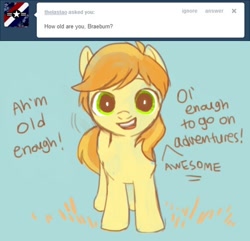 Size: 500x482 | Tagged: safe, artist:nyonhyon, character:braeburn, species:pony, ask, colt, cute, looking at you, male, open mouth, smiling, solo, tumblr