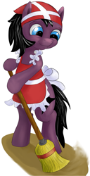 Size: 655x1280 | Tagged: safe, artist:ponyway, oc, oc only, oc:puffy, species:bat pony, species:pony, apron, bat pony oc, broom, clothing, female, housewife, looking down, mare, missing wing, naked apron, simple background, smiling, solo, white background