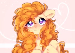 Size: 1802x1284 | Tagged: safe, artist:whiteliar, character:pear butter, species:earth pony, species:pony, blushing, bust, cute, ear fluff, female, heart, mare, pearabetes, pink background, portrait, simple background, solo